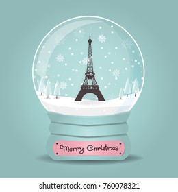 Christmas card with snow globe and dark color Eiffel tower and falling snow. Paris symbol Vector illustration. 