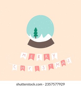 Tarjeta de Navidad con globo de nieve, banderas en un fondo beige con copos de nieve.