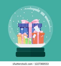 Christmas card. Snow globe with a New Years gift inside. Stock flat vector illustration.