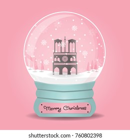 Christmas card with snow globe and Notre-Dame with falling snow, text Merry Christmas. Vector illustration.