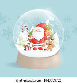 Tarjeta de Navidad con globo de nieve y Santa, árbol de Navidad. 