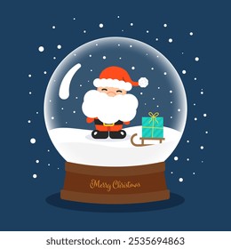 Christmas card snow globe with Santa Claus and a gift. Vector illustration.