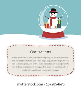 Christmas card, Snow globe with a snowman and a lot of gift boxes inside, also have copy space text  