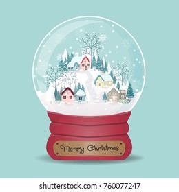 Christmas card with snow globe and snow village on the hill, falling snow, blue background. Vector illustration. 