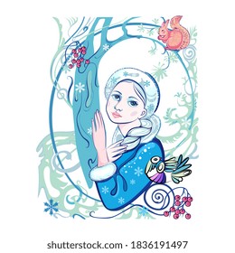 Christmas card Snow Maiden in Art Deco style on a background of a snow-covered pine tree and decorative elements on a white background