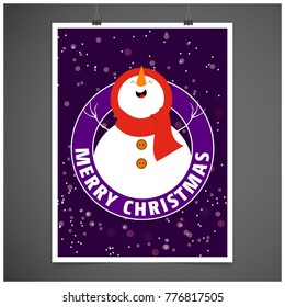 Christmas card with snow man  and snow background