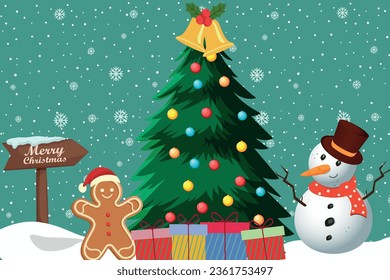 Christmas Card with snow man Christmas tree and Gingerbread. Trendy retro cartoon style. Happy New year greeting card, poster, template, print, party invitation, background.