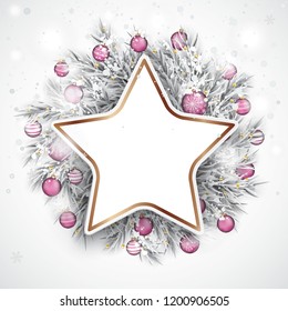 Christmas card with snow, pink baubles and copper star. Eps 10 vector file.