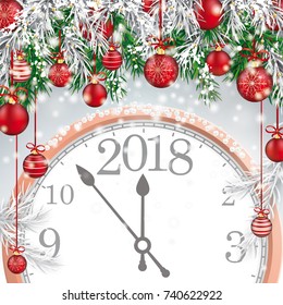 Christmas card with with snow, red baubles and Clock 2018. Eps 10 vector file.