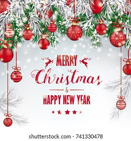 Christmas card with with snow, red baubles and text Merry Christmas and Happy New Year. Eps 10 vector file.