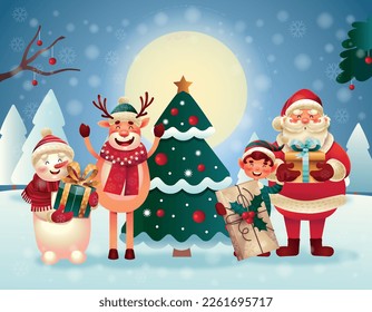 Christmas card snow scene. Santa, elf, snowman and deer with gifts stand near Christmas tree. Winter holidays and festival, New Year. Culture and traditions. Cartoon flat vector illustration