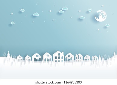 Christmas card with snow village in the forest in paper cut style vector illustration.