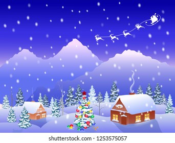 Christmas card snow-covered houses, dressed up Christmas tree, night, mountains on the horizon, Santa-Slaus on reindeer sleigh in the sky,  vector illustration