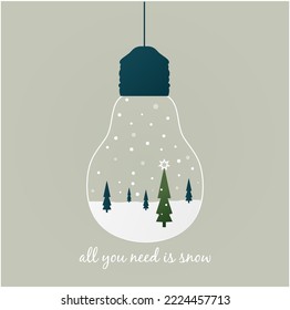 Christmas card snow-covered Christmas tree in a light bulb