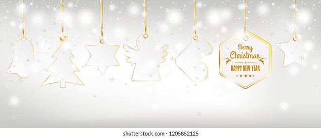 Christmas card with snowfall and golden stickers on the bright background. Eps 10 vector file.