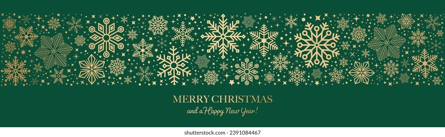 Christmas card with snowflake border. Seamless snowflake border. Christmas design for greeting card. Merry xmas snow flake header or banner.