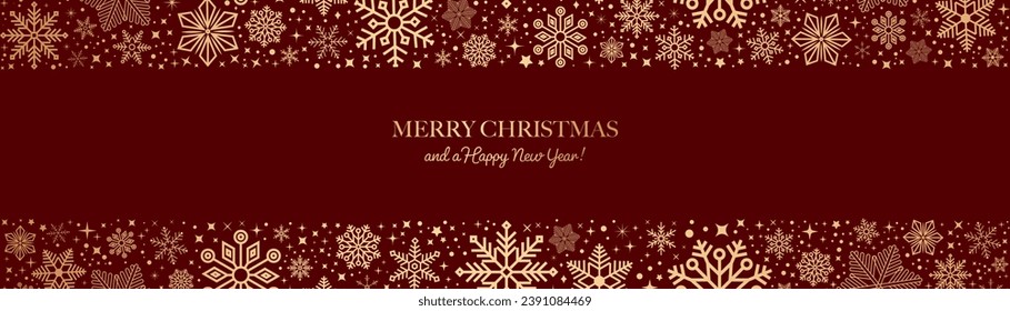 Christmas card with snowflake border. Seamless snowflake border. Christmas design for greeting card. Merry xmas snow flake header or banner.