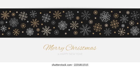 Tarjeta navideña con copo de nieve marco borde de lujo plano. Línea delgada editable sin fisuras patrón horizontal festividad año nuevo fondo vacaciones oro conciso invitación postal salvapantallas web saludo banner