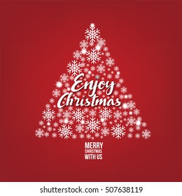 Christmas Card snowflake on tree with red background, vector illustration