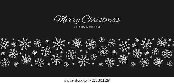 Christmas card snowflake seamless pattern border flat. Thin linear editable frame horizontal festive new year holiday background simple concise invitation postcard screensaver website greeting banner