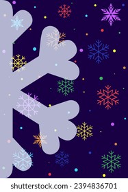 Christmas Card with Snowflake. Trendy greeting card, invitation, holiday banner with snowflake silhouette. Half Snowflakes on dark background. Vector illustration in flat style