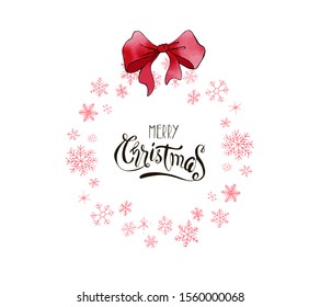 Christmas card with snowflake wreath and festive lettering. Vector set. Can be used for printed materials, prints, posters, cards, logo. Holiday background. Hand drawn decorative winter elements. 