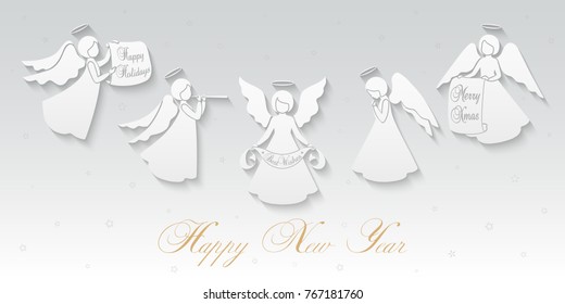 Christmas card with snowflakes and a cute angels with scrolls in the style of layered paper. Five isolated angels on a light background. Greeting card Merry Christmas and Happy new year.