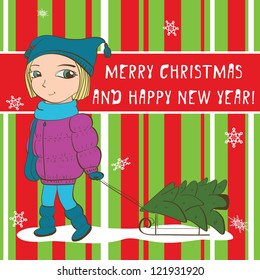 Christmas card with snowflakes and cute girl pulling sled with christmas tree. vector illustration in green and red color