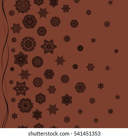 Christmas card with snowflakes design on brown background. Winter card. Merry Christmas, New Year and Happy Holiday vector illustration.