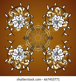 Christmas card with snowflakes design on brown background. Winter card. Merry Christmas, New Year and Happy Holiday vector illustration.