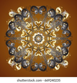 Christmas card with snowflakes design on brown background. Winter card. Merry Christmas, New Year and Happy Holiday vector illustration.