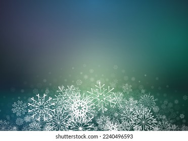 Christmas card with snowflakes falling on soft blurred background. Xmas or winter holidays greetings card with snowfall and glowing backdrop.