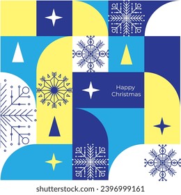 Christmas card with snowflakes. Geometric pattern blue, cyan and yellow colors. Vector illustration EPS10