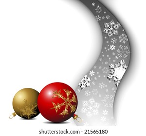 Christmas card - snowflakes with golden and red bulbs