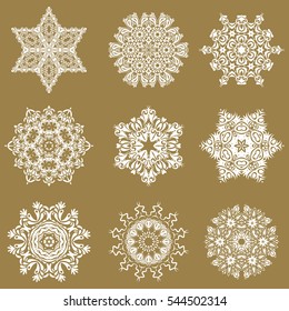 Christmas card with snowflakes on brown background. Set of nine snowflakes. Winter card Merry Christmas, New Year and Happy Holiday vector illustration.