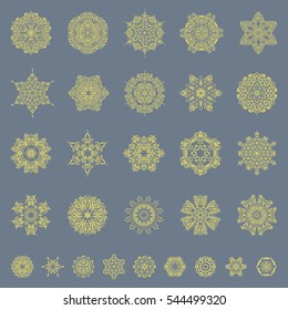 Christmas card with snowflakes on neutral background. Set of twenty nine snowflakes. Winter card Merry Christmas, New Year and Happy Holiday vector illustration.