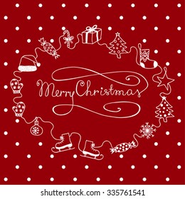 Christmas card with snowflakes on the red background