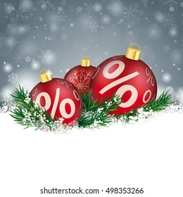 Christmas card with snowflakes an red baubles with persents on the gray background. Eps 10 vector file.