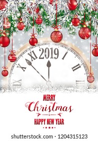 Christmas card with snowflakes, twigs, baubles clock and date 2019 on the gray background. Eps 10 vector file.