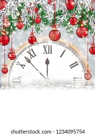 Christmas card with snowflakes, twigs, baubles and classic clock on the gray background. Eps 10 vector file.