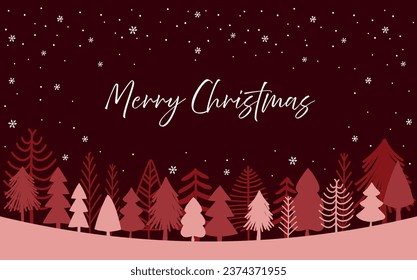Christmas card with snowing winter landscape. Hand-drawn pine trees with snowflakes. Romantic colors. Vector illustration