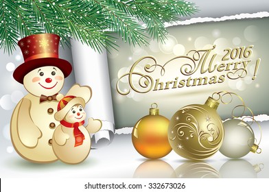 Christmas card with a snowman and balls in 2016.