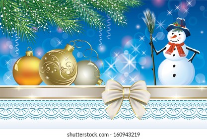 Christmas card with a snowman and balls