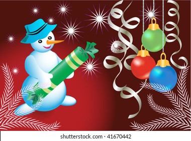 Christmas card with snowman and balls