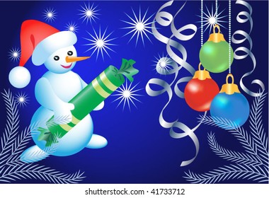 Christmas card with snowman and balls
