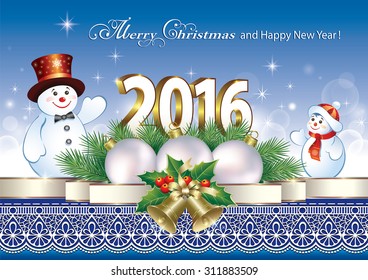 Christmas card with a snowman, balls and bells.