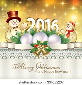 Christmas card with a snowman, balls and bells on the background of the ornament