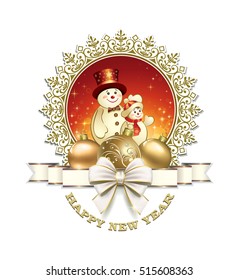 Christmas card with snowman, balls and ribbon with a bow on a white background