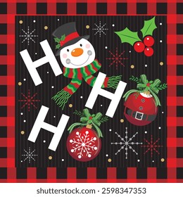 Christmas card with snowman, bauble, ho ho ho and buffalo plaid