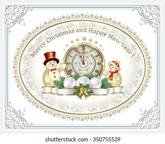 Christmas card with a snowman, bells, balls to the clock in the frame